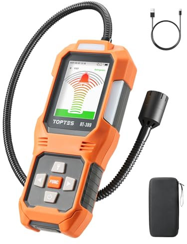 TOPTES RT-389 Detector de Fugas de Refrigerante Recargable, Detector de Fugas de Freón con 3 Modos de Sensibilidad y 3 Tipos de Alarma, para CFC HCFC HFC HFO HC para Coche, Hogar e Industria – Naranja