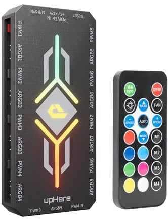 upHere 2 in 1 ARGB Fan Hub with Controller, 9 Ports 4-Pin PWM Fan Connector, 9 x 5V 3-Pin ARGB Ports, Magnetic Base, RGB PC Case Fan Hub with Adjustable Speed, Black