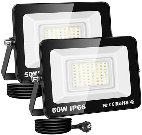 RIGIDON Focos Led Exterior & Interior con Enchufe, 2x 50W 5000 LM Foco de Luz, Proyector LED para Jardín Patio Plaza Garaje Terraza Estadio Trabajo, IP66 Impermeable 6000K Blanco Frío Iluminacion