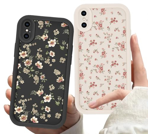 Zrutru 2 Pack Flower Phone Case for iPhone Xs Max 6.5,Cute Floral Print Cases Unique Plant Design Pattern for Women Girls Teens,Soft TPU Shockproof Protective Cover for iPhone Xs Max,Beige Black