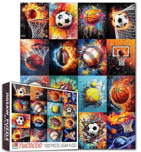 Tucocoo Graffiti-Sportbälle-Puzzle, 1000 Teile, Basketball-Fußball-Kunst-Puzzles für Erwachsene, abstrakte bunte Ball-Collage, Artwrok, DIY-Puzzles für anspruchsvolle Familienspiele, Heimdekoration