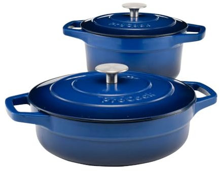 ProCook Graduated Cast Iron Dutch Oven Set - 2 Piece, 20cm/24cm, Casserole Dishes with Lid - Blue, Durable Induction Compatible Cookware