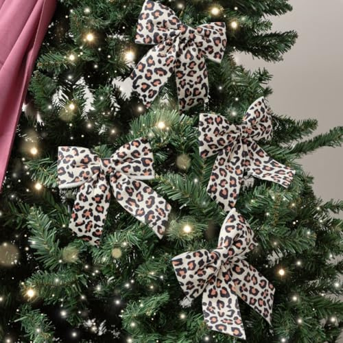 Melody Maison Set of 4 Leopard Print Velvet Bow Decorations - 14cm
