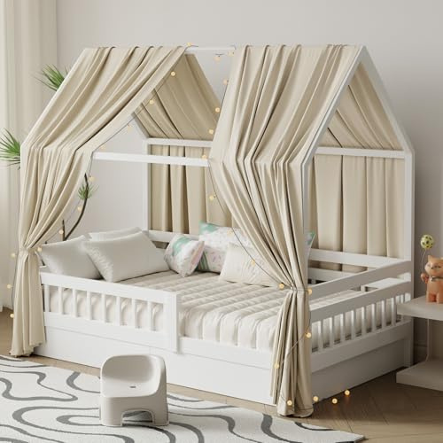 Pacok Hausbett Himmel mit Lichterkette Deko 2 Stück 67 x 270 cm Camel | Baldachin Hausbett Vorhang,Betthimmel Stoffhimmel Hausbett für Mädchen Jungen Kinderbett