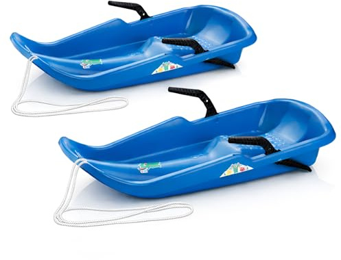2 x Twister Sledge with Brakes Made of Plastic, 80 x 39 x 15 cm, Children's Toboggan Blue with Non-Slip Seat, Easy Steering, Maximum Load 50 kg, Safe Bob from 3 Years