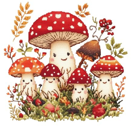 cukol cukol Kreuzstich Set Vorgedruckt Erwachsene, Stickbilder 30x30 cm | Stickpackungen mit 11ct, Kreatives Bastelset Hobby zum Sticken für Frauen, Stickset für Diy Home Deko, Pilze Motiv