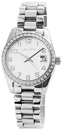 Just Watch Damen-Uhr Edelstahl Faltschließe Strass Datum Anlaog Quarz JW10019 (silberfarbig)