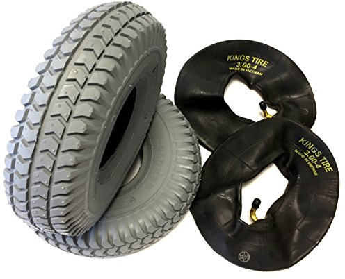 Rollstuhlreifen 3.00-4 (260x85) grau, 2 Stück + 2 Schlauch | Winkelventil, verstärkter Reifen-Aufbau, kräftiges Blockprofil für Elektromobil,Scooter,E-Rollstuhl