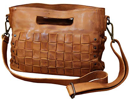 Superior Leather SLG-4 Handtasche für Damen, echtes Kuhleder, Vintage-Stil, Vollnarbenleder, echte Schultertasche, Cognic, L=33 cm, B=10 cm, H=26 cm, Cognic