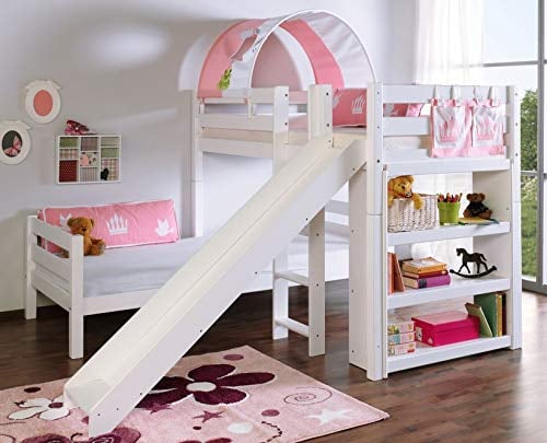 Froschkönig24 Etagenbett mit Rutsche Beni L Kinderbett Spielbett Bett Weiß Stoff Prinzessin, Matratzen Oben/unten:ohne