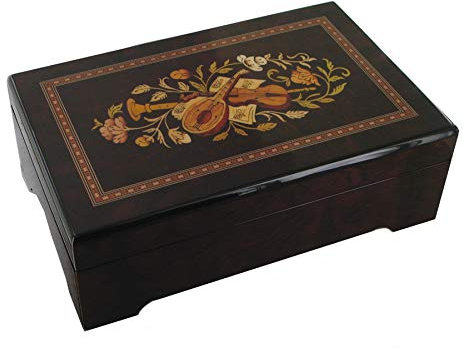 Schmuckschatulle/Schmuckdose/Schmuckbox/Schmuckkästchen aus Holz mit Spieluhr und Aufklebern von Musikinstrumenten - Over the Rainbow - Der Zauberer von Oz (H. Arlen)