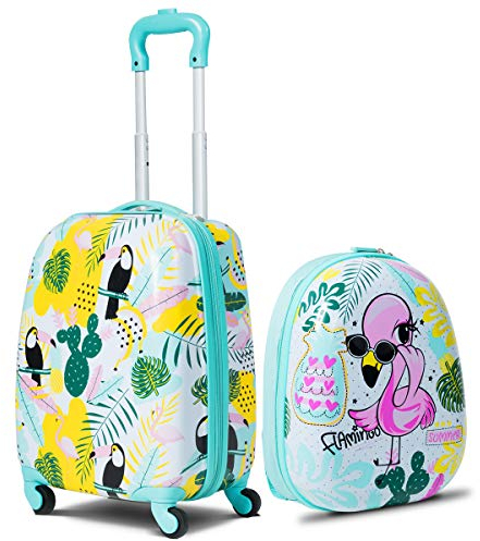GOPLUS Kinderkoffer mit Rucksack, Kids Trolley, Kindergepäck mit Rollen, Reisekoffer mit Teleskopgriff, Hartschalenkoffer für Kinder, Kindertrolley Farbwahl (Flamingo, 12+16)