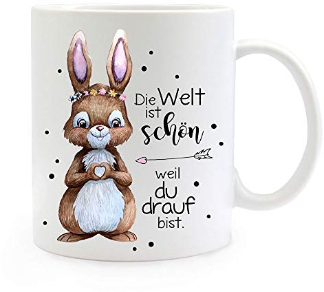 ilka parey wandtattoo-welt Tasse Becher mit Spruch Die Welt ist schön weil du drauf bist & Hase Häschen Herz Motiv Kaffeebecher Geschenk ts1095