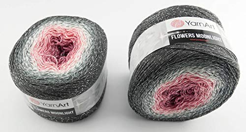 YarnArt Flowers 500 Gramm Bobbel Wolle mit Glitzer und Farbverlauf, 53% Baumwolle, Bobble Strickwolle Mehrfarbig 1000m (anthrazit grau Rose 3279)