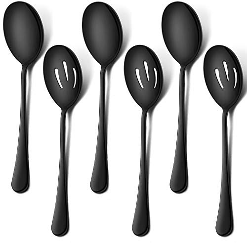 LIANYU Lot de 6 grandes cuillères de service noires en acier inoxydable pour fête, buffet, restaurant, banquet, dîner, traiteur, 24 cm, passent au lave-vaisselle