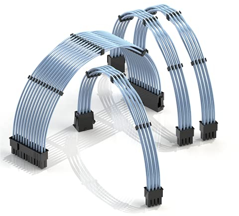 LINKUP - 30cm Extension de Câble PSU 18AWG Veste en Téflon Cuivre sans Oxygène Mod Personnalisé GPU PC avec Peigne Pack Unique | 1x24P (20+4) | 1x8P (4+4) CPU | 2x8P (6+2) GPU | 300mm - Bleu