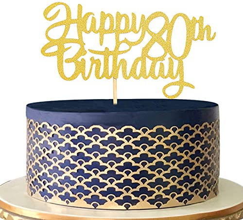 Gold 80th Birthday Cake Topper - Gold Glitter 80 Birthday Party Cake Decoration Supplies，Cheers to 80 Years Cake Topper，Eighty Years Old Anniversary Party Cake Decoration