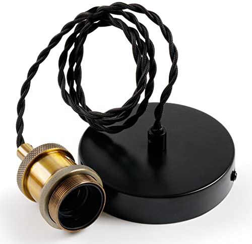 SHINY STAR Vintage Deckenpendelleuchte,schwarz verdreht geflochtener Flex, schwarze Deckenrosette & Bronze Lampenfassung, abgehängte Pendelleuchte-81903BLK