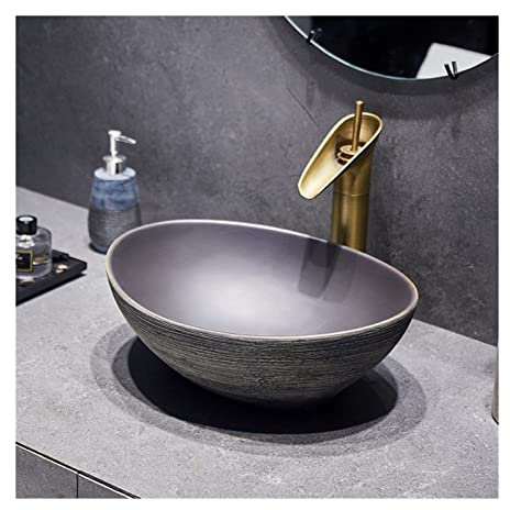 caihuashopping Aufsatz-Waschschale Oval Retro Bathroom Waschbecken Outdoor Haushalt Kleiner keramischer Arbeitsplatte Waschbecken Einzelschüssel grau Waschtisch
