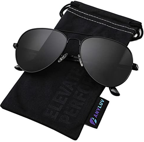 ANYLUV Pilot Sunglasses Mens, Polarised Sunglasses Men Women Classic Black Shades Metal Frame with UV Protection (Black/Grey)