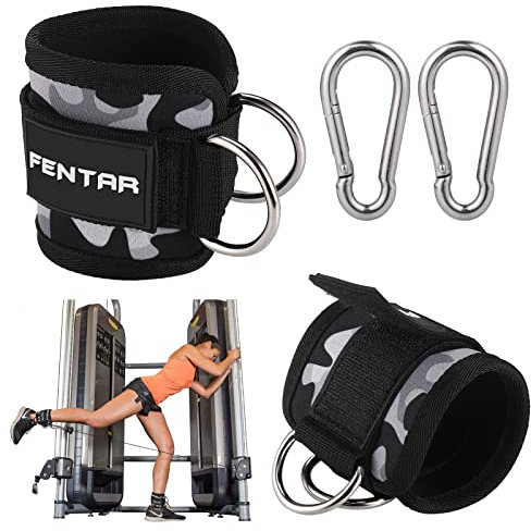 2 Stück Fußschlaufen Kabelzug mit D-Ringen Fußmanschetten und Karabiners, Fußschlaufen für Fitness Training, Fußmanschetten kabelzug, Gesäßmuskeln und Beintraining (Tarnung)