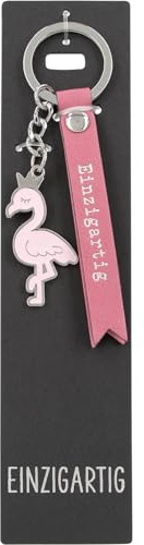 Depesche 11807-043 Vergiss mich nicht Schlüsselanhänger, gezacktes Schildchen aus Leder mit Einzigartig, Pink, inkl. Metallanhänger im Flamingo-Form mit Emaille