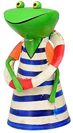 KUHEIGA Zaunhocker Frosch H:19cm, Metall Zaunfiguren, Zauntiere Pfostenhocker blau mit Rettungsring