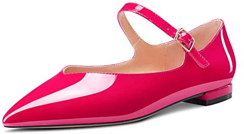 NobleOnly Donna Basso Tacco Heel Chiusa a Punta Mary Jane Pumps Fibbia Ufficio Feste Cute Scarpe 1 CM Heels Magenta Rosso Verniciata A 39 EU