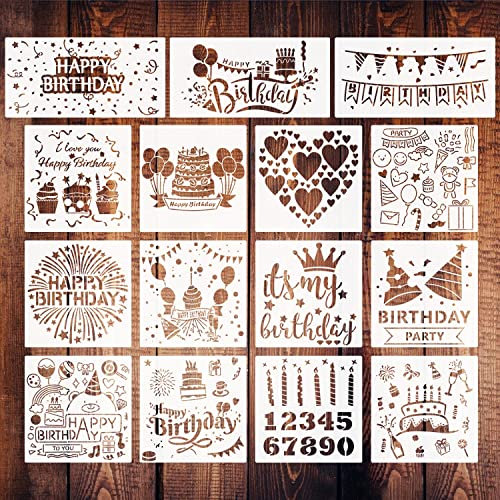 15 Stück Geburtstagsschablonen zum Malen, Happy Birthday Vorlagen Kuchen Schablone Bithday Thema Schablonen für Kuchen Kartenherstellung Scrapbook DIY Heimdekoration