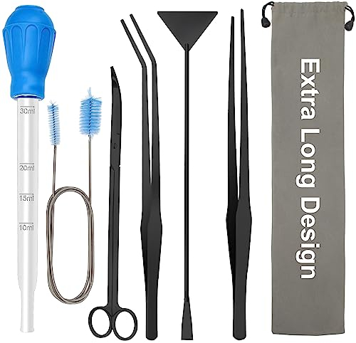 Zhaoyao 38 cm extra lange Aquarium-Aquascaping-Kits, 6-in-1 Wasserpflanzen-Aquascaping-Werkzeug, Edelstahl-Pinzette, Schere, Spatel für Aquarium, Aquarium, Reinigung, Aquascape, Werkzeug-Sets