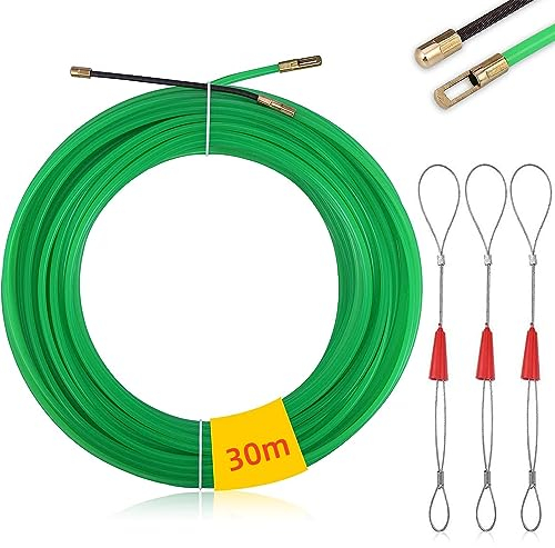 Mis.Moon 30M Tire Fils Electrique Aiguille Nylon, Φ 4mm, avec 3 Tête Flexible de Guidage, Electricien Tire Fil Aiguille Passe Cable, Enfileur Fils électrique, Câble de Fil Électrique Tirant -Vert