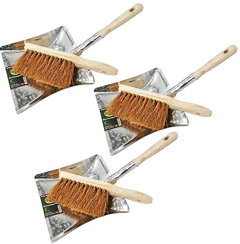 Metall Kehrblech und Handfeger Kokus im SET Kehrschaufel Hand Besen Feger Holz Griff Kehr Schaufel Kehrset Kehrgarnitur (3x Silber)