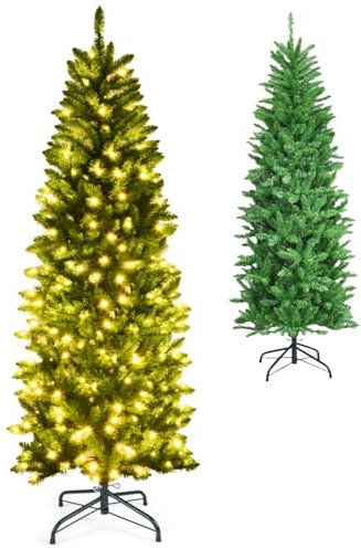 GYMAX 4.5FT/5FT/6FT/6.5FT/7.5FT Pre-Lit Green Christmas Tree, Premium Hinged Artificial Pencil Tree with Warm White LED Lights, Xmas Traditional Decoration for Home, Office, School and Shop(6FT)