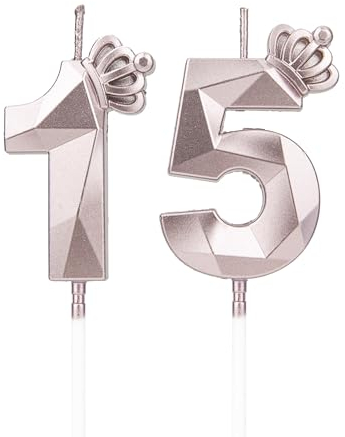 Geburtstagskerzen Zahlen 15 mit Krone，3D Kerzen Geburtstag für Kuchen geburtstagsdeko, Geburtstag Kerzen Zahlen, Geburtstagskerzen Kinder für Partys, Hochzeiten, Firmenfeiern, Jubiläen (Rosegold, #15)