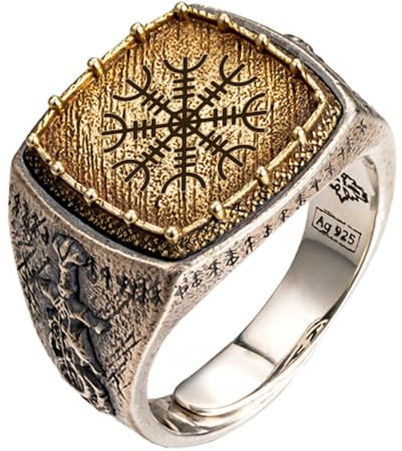 Der aegishjalmur helm der ehrfurcht ring zweifarbiger 925 sterling silber wikinger runen drachen schwert ring ordischer schmuck für herren damen größe 62 verstellbar