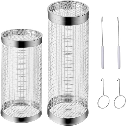 2 PCS Grande Cestino per Barbecue in Acciaio Inox, Rolling Griglia per Barbecue, Cestelli per Barbecue, Rotante Cestini per Grigliare Cilindrici, per Carne, Verdure, Pesce, Grande30CM+Piccolo21CM