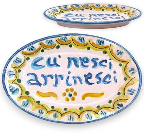 Vassoio Ovale, Ceramica Caltagirone, Proverbi Siciliani (1Unità) Piatto da Portata, L 22 x 14 cm ca. Vari Decori MD1 - Decoro 3