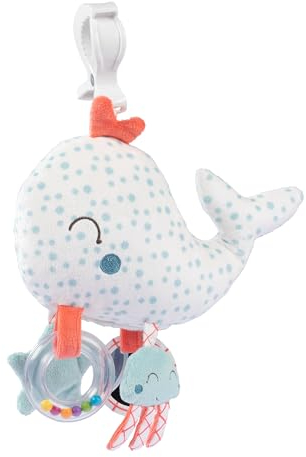 sOlini Hängespielzeug Activity mit Klemme Little Friends Wal - mit Rasselring, Babyspiegel, Stoffstern und Stofftierchen - mit Klemme zur Befestigung - ab Geburt geeignet