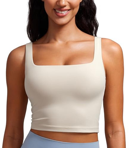 CRZ YOGA Women's Butterluxe Square Neck Sports Bra Padded Wireless Crop Top Gym Workout Tank Tops Camisole with Built in Bra Mojave Tan 14