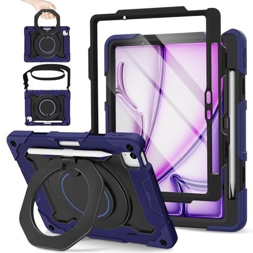 ROISKIN für iPad Air 11 Zoll Hülle 2025 M3/2024 M2 mit HD-Bildschirmschutz,Schultergurt und Stifthalter,Stoßfeste Military Hülle für iPad Air 11 7th/6th Gen, Drehbarer Ständer für Kinder,Marine Blau