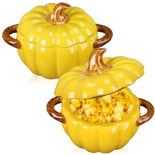 Uiifan 2 Pcs Ceramic Pumpkin Dish 17 oz Casserole Cookware Cute Pumpkin Safe Oven Pot with Lid Double Ear for Thanksgiving Autumn Fall Baking Halloween (Yellow)