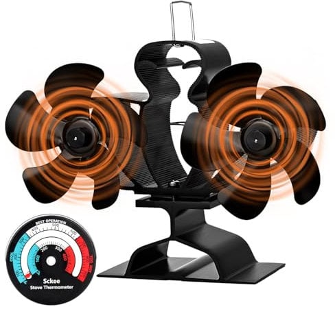 Log Burner Fan - Double Wood Burning Stove Fan with 10 Blades, Heat Powered, Magnetic Thermometer