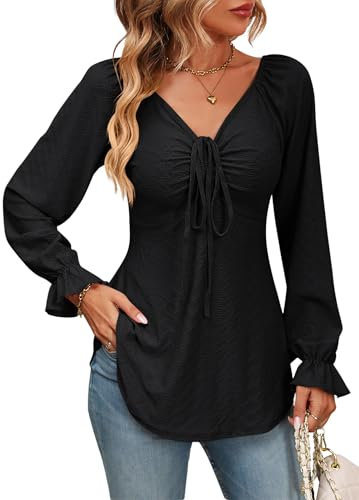 Atxnn Camicia Donna Elegante Blusa Donna Manica Lunga Backless Sexy V-Neck Top con Coulisse Regolabile Manica a Sbuffo Casual Pullover Maglia Jacquard Tunica Camicetta T-Shirt a Tinta Unita