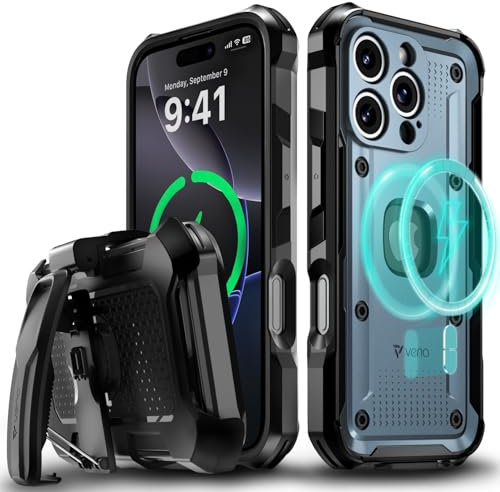 VENA vArmor for iPhone 16 Pro Rugged Case with Belt Clip Holster [Military Grade Drop Protection] [Works with MagSafe] Heavy Duty Tough Protective Cover with Kickstand - Slate Blue/Black