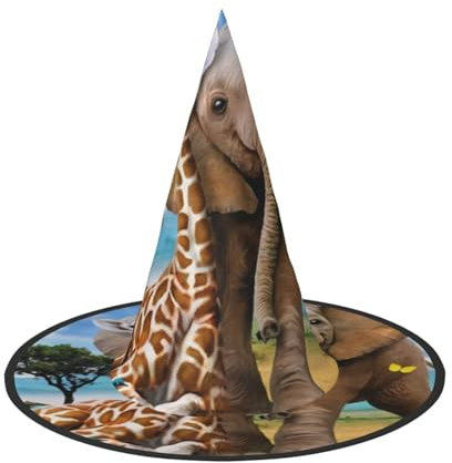 CRJSYCBYB Elefant und Giraffe bedruckter Halloween-Hut Hexenhut Halloween Spitzhut