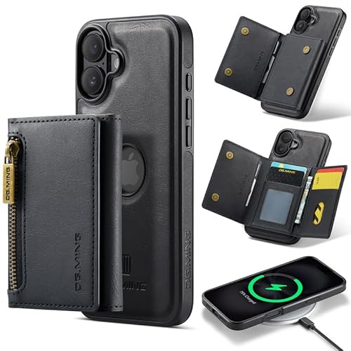 Yidai-Silu Hülle für iPhone 16 RFID-Blocker Handyhülle Schwarz | Leder Hülle 2 in 1 Abnehmbar Magnetisch Wallet Case + Backcover Standfunktion RFID-Schutz Kartenfächer Geldbeutel Schutzhülle