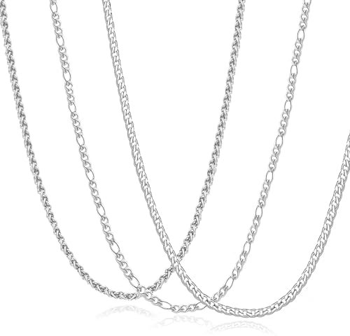 JEMARA 3 PCS Cuban Link Chain for Men Women Silver Chain Necklace for Men 316L Stainless Steel Cuban Link Chain/Figaro Chain Sets Mens Jewelry Gifts（18/20/22 inches）
