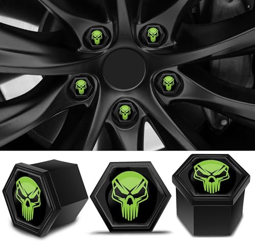 Biomar Labs Set mit 20 Stück Auto-Radmutterkappen, Schraubenabdeckung, 19 mm, universal, mit Entfernungswerkzeug, Schwarz / Grün, Totenkopf, LC 11