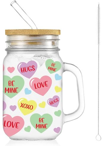 Whaline Valentine's Day Mason Jar Mug with Handle 18oz Conversation Heart Mason Jar Drinking Glasses Colorful Heart Ice Coffee Cups with Lid Straw for Iced Coffee Tea Soda Cocktail