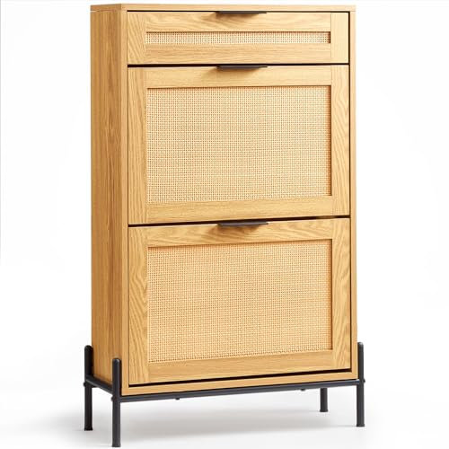 VEVOR Rattan Shoe Cabinet, Narrow Shoe Storage Organizer with 2 Flip Rattan Drawers & 1 Slide Drawer, Metal Legs, Slim Shoe Entryway Cabinet Ideal for Entryway, Closet, Hallway, Light Wood Color